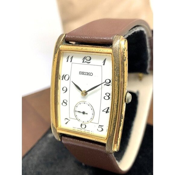 Seiko Men's Watch 7N07-5019 Tank Vintage Quartz White Dial Gold Brown Leather - Picture 1 of 13